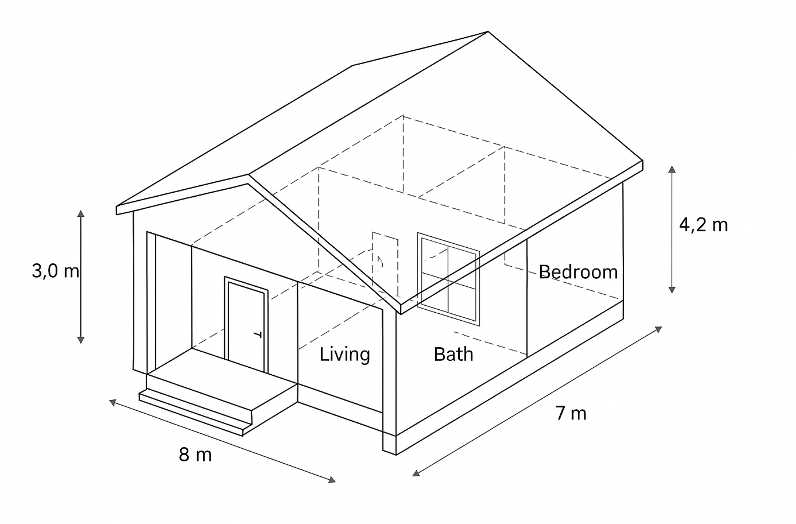Optional home 8×7 m – isometric with dimensions