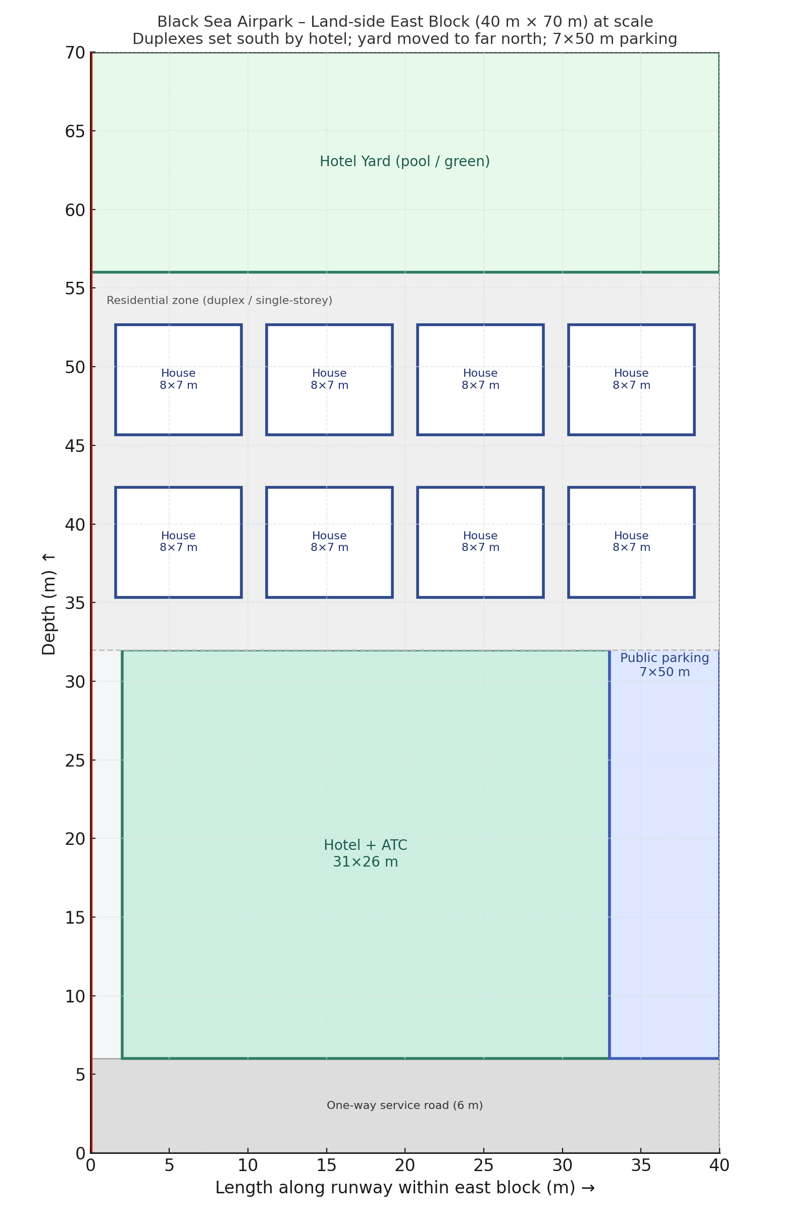 East Block plan showing hotel + ATC, residential 8×7 m homes, yard/pool and parking